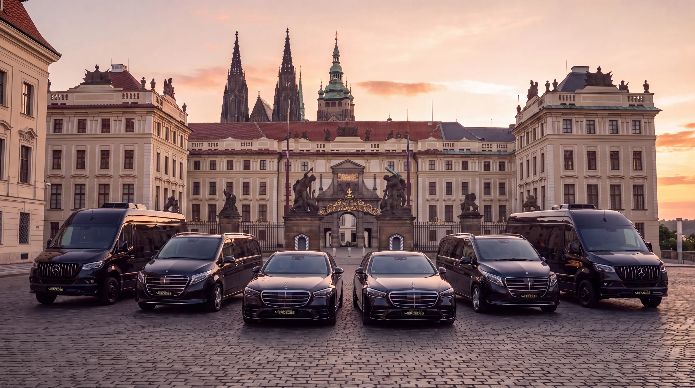 Vozový park Limousine Mercedes před Pražským hradem za svítání