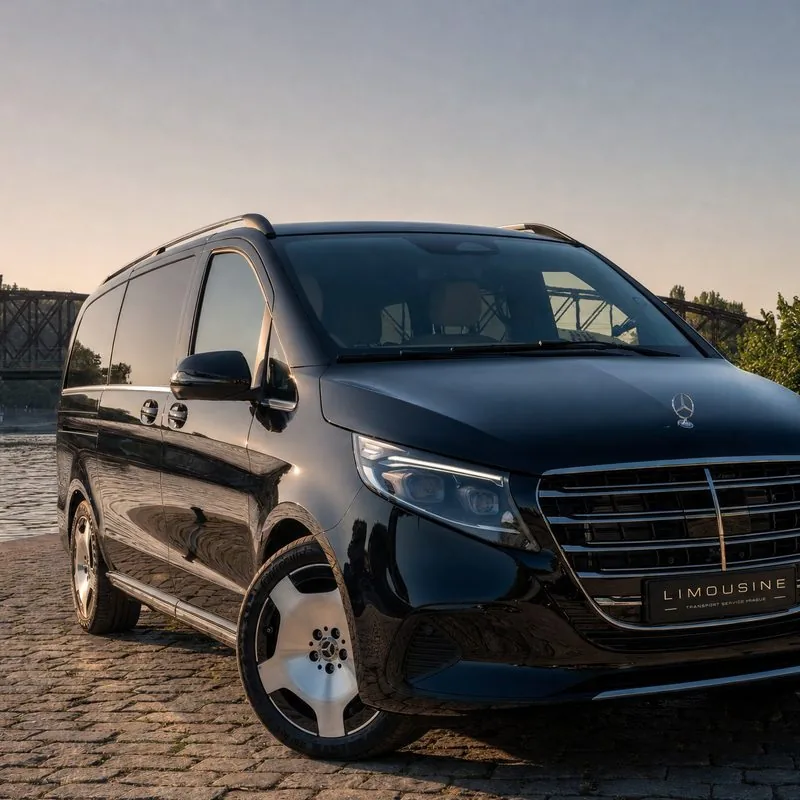 Mercedes-Benz třídy V při západu slunce na nábřeží Vltavy